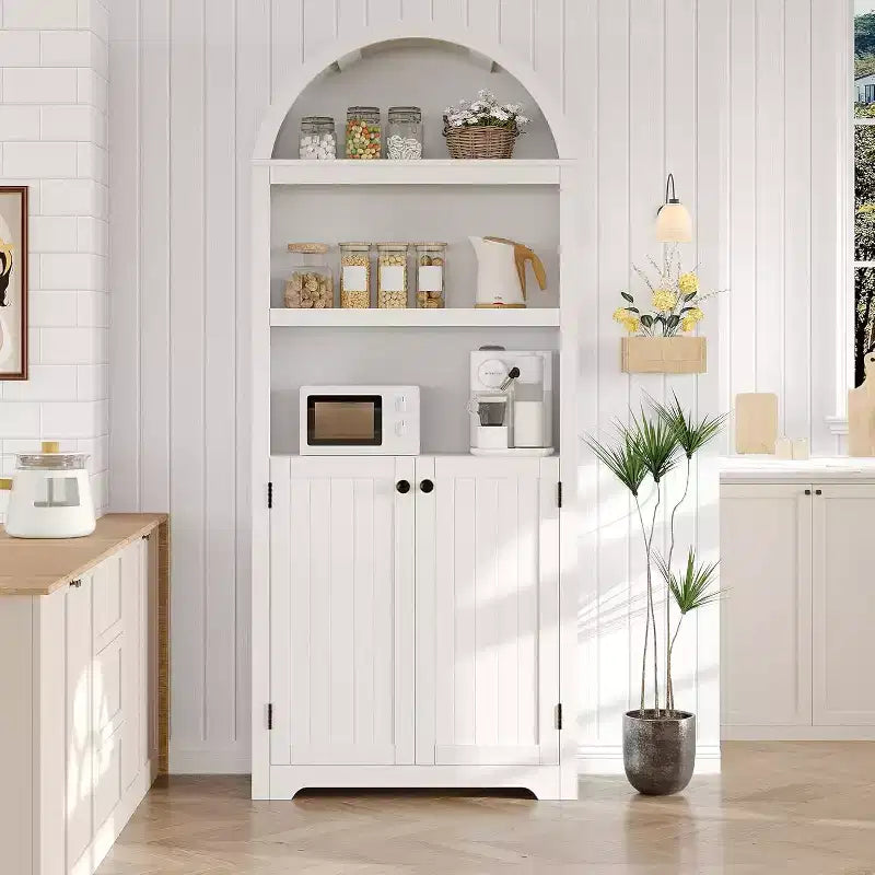 Garde-manger haut de 183 cm avec portes, garde-manger de cuisine à 5 niveaux avec étagères réglables et poignées dorées, meuble de rangement en bois pour salle à manger