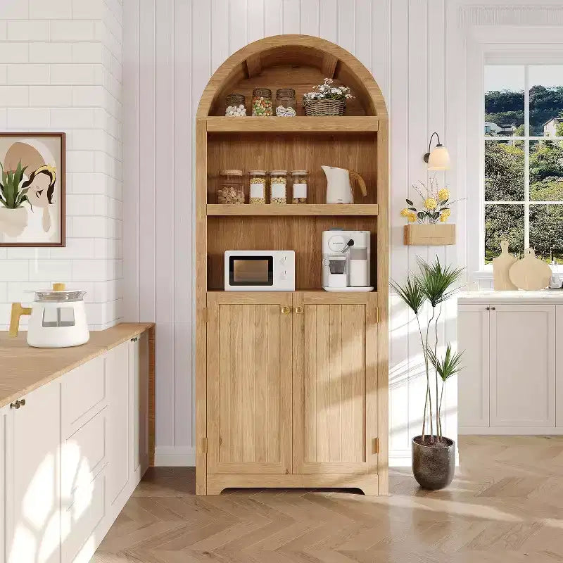 Garde-manger haut de 183 cm avec portes, garde-manger de cuisine à 5 niveaux avec étagères réglables et poignées dorées, meuble de rangement en bois pour salle à manger