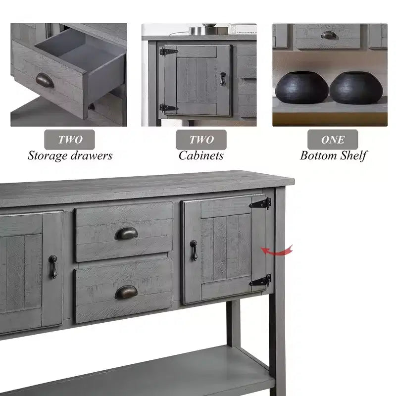 TROPOW Table Console de Ferme de 122 cm, Table d'entrée de Ferme avec 2 Tiroirs et Armoires, Table Canapé en Bois Massif avec Étagères pour Chambre, Gris