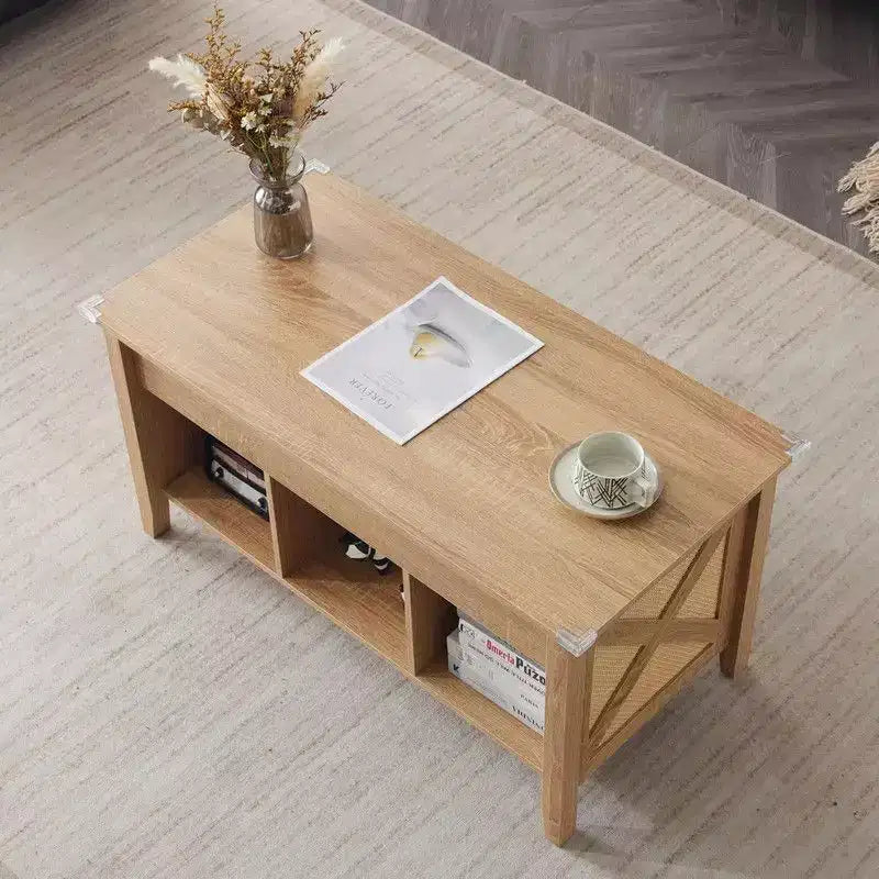 Table basse relevable et extensible en panneaux de particules couleur chêne avec cannage en rotin de bambou, rectangulaire