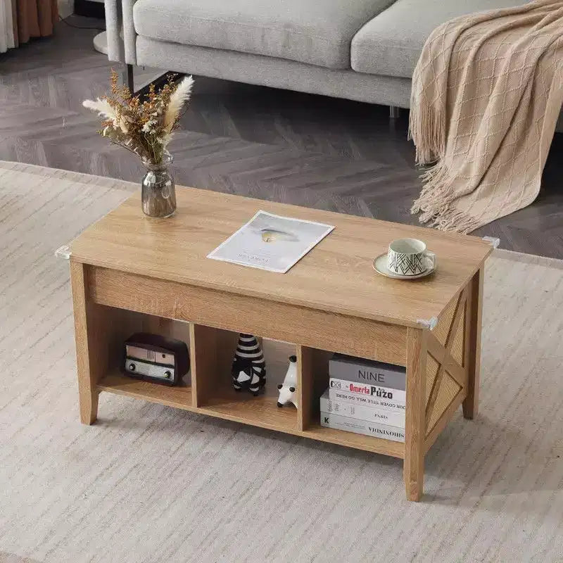 Table basse relevable et extensible en panneaux de particules couleur chêne avec cannage en rotin de bambou, rectangulaire