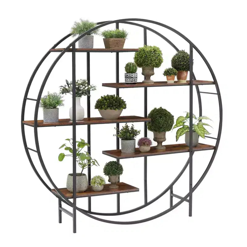 TROPOW Étagère à plantes à 5 niveaux en métal, bibliothèque, étagère de rangement, présentoir pour intérieur, salon, terrasse, jardin, balcon. Marron rustique,