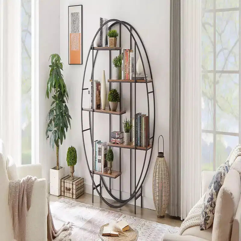 TROPOW Étagère à plantes à 5 niveaux en métal, bibliothèque, étagère de rangement, présentoir pour intérieur, salon, terrasse, jardin, balcon. Marron rustique,