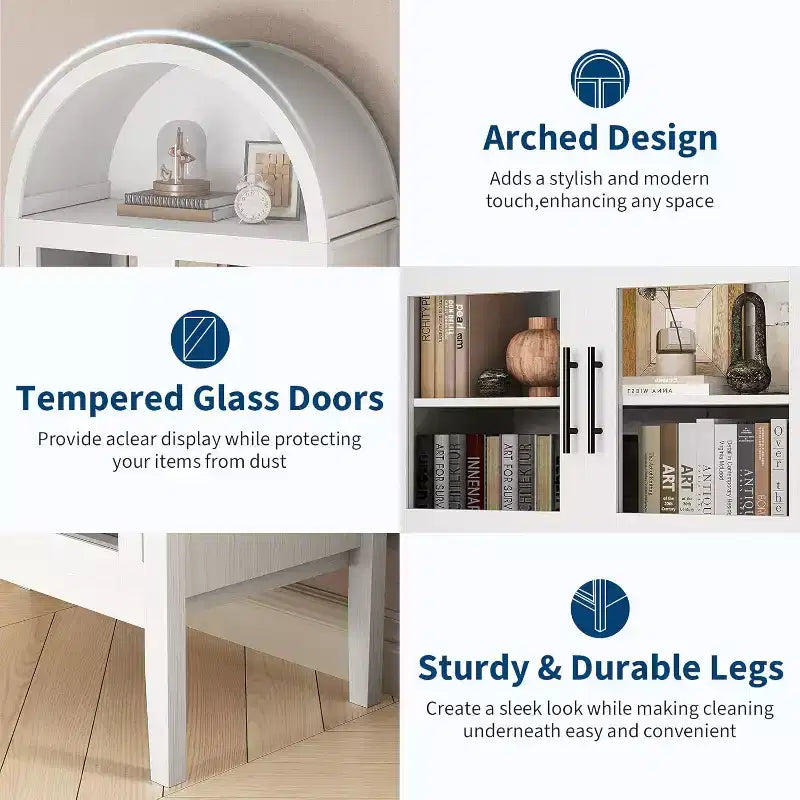Garvee 60 Meuble de Rangement Arqué avec Portes Vitrées, Armoire de Cuisine Moderne avec Étagère Ouverte, Buffet Blanc pour Salle à Manger, Salon