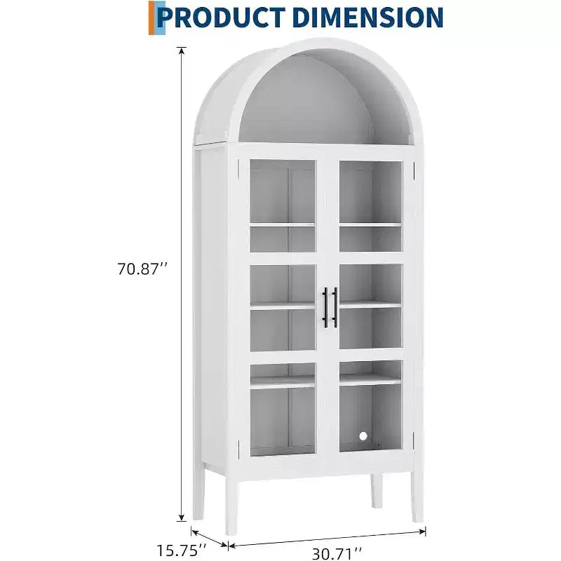 Garvee 60 Meuble de Rangement Arqué avec Portes Vitrées, Armoire de Cuisine Moderne avec Étagère Ouverte, Buffet Blanc pour Salle à Manger, Salon