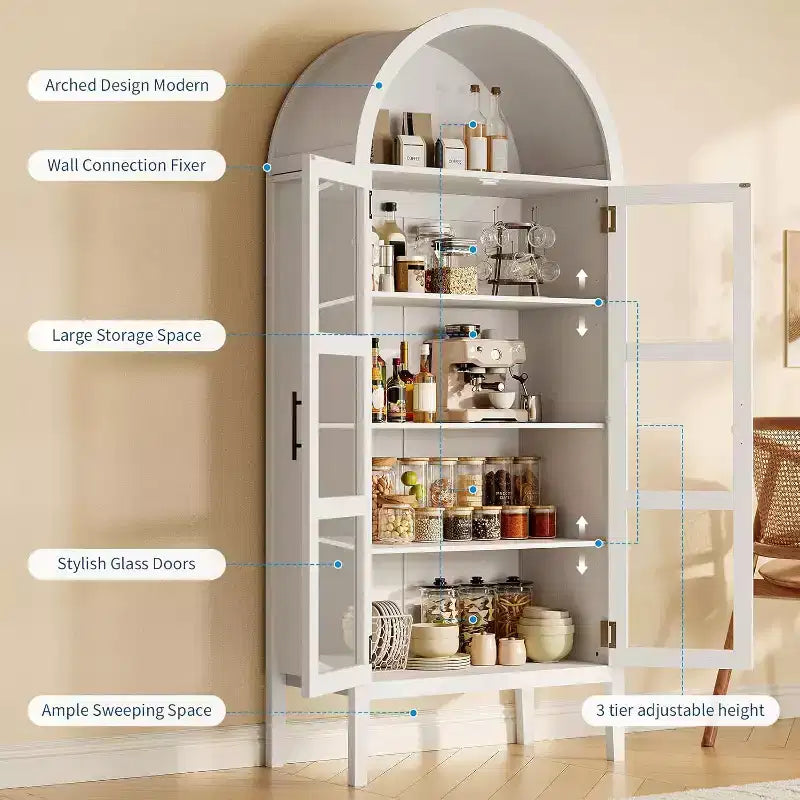 Garvee 60 Meuble de Rangement Arqué avec Portes Vitrées, Armoire de Cuisine Moderne avec Étagère Ouverte, Buffet Blanc pour Salle à Manger, Salon