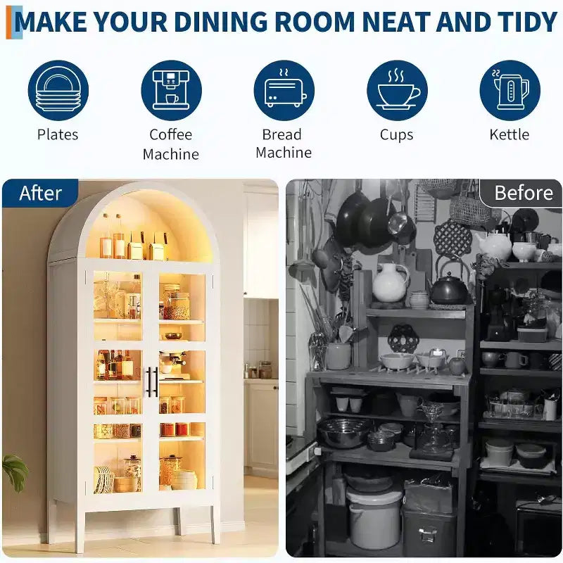 Garvee 60 Meuble de Rangement Arqué avec Portes Vitrées, Armoire de Cuisine Moderne avec Étagère Ouverte, Buffet Blanc pour Salle à Manger, Salon