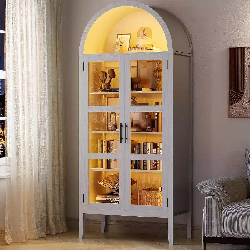 Garvee 60 Meuble de Rangement Arqué avec Portes Vitrées, Armoire de Cuisine Moderne avec Étagère Ouverte, Buffet Blanc pour Salle à Manger, Salon