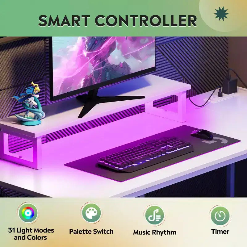 GALAXHERO Bureau de jeu en forme de L de 47 pouces, petit bureau d'angle pour ordinateur avec prises électriques, lumières LED et support d'écran, bureau pour chambre à coucher