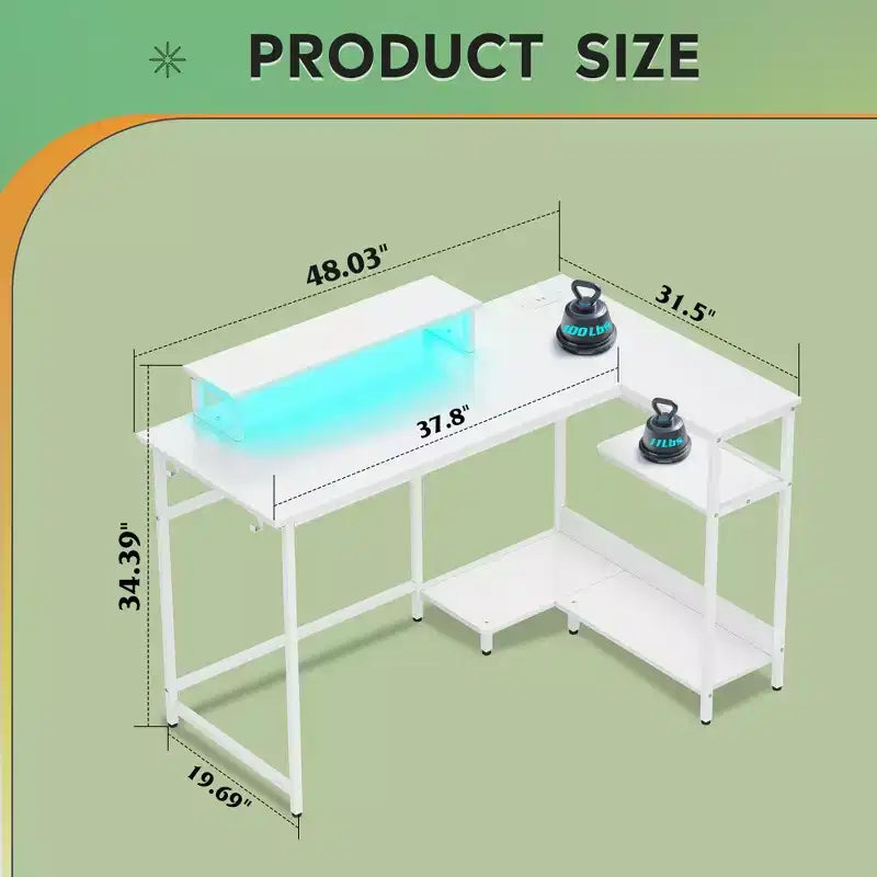 GALAXHERO Bureau de jeu en forme de L de 47 pouces, petit bureau d'angle pour ordinateur avec prises électriques, lumières LED et support d'écran, bureau pour chambre à coucher