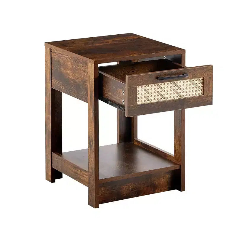 TROPOW Tables de chevet en rotin, avec tiroir décoratif en rotin et étagère ouverte, table de chevet de ferme avec tiroir et étagère de rangement