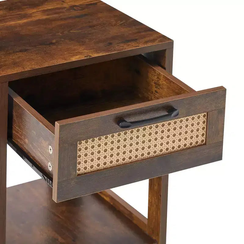 TROPOW Tables de chevet en rotin, avec tiroir décoratif en rotin et étagère ouverte, table de chevet de ferme avec tiroir et étagère de rangement