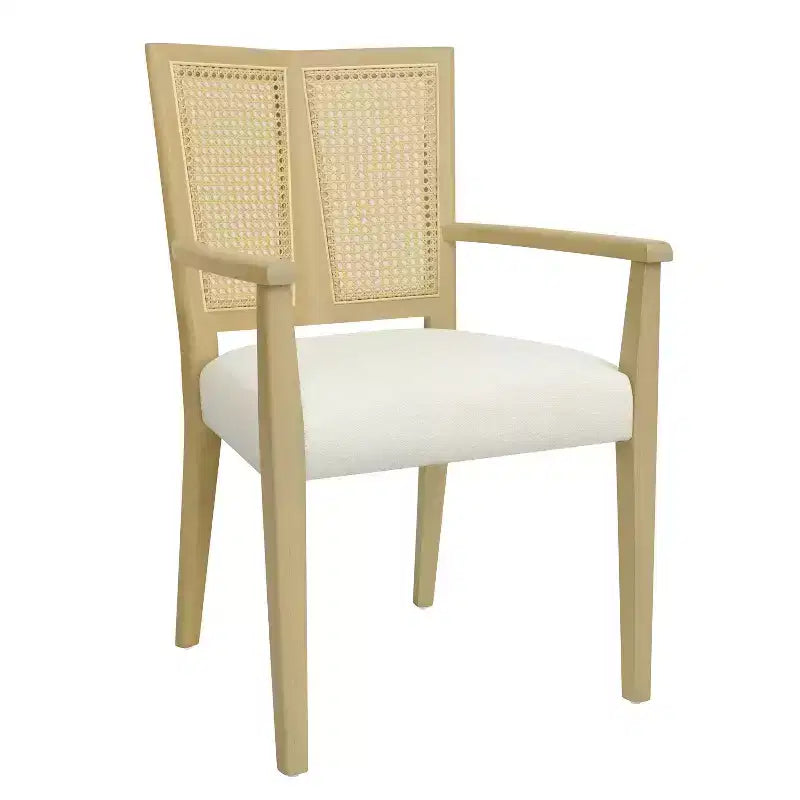 PexFix 2 chaises de salle à manger modernes en tissu rembourré avec accoudoirs, dossier en rotin, chaises d'appoint pour cuisine avec pieds en bois massif, couleur naturelle