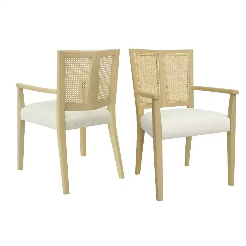 PexFix 2 chaises de salle à manger modernes en tissu rembourré avec accoudoirs, dossier en rotin, chaises d'appoint pour cuisine avec pieds en bois massif, couleur naturelle