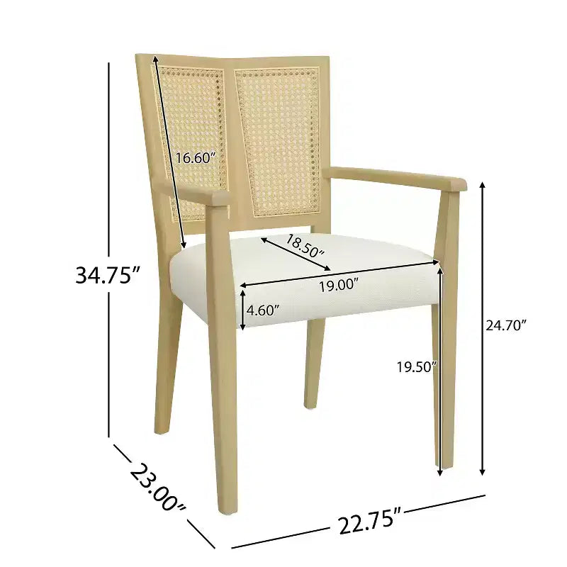 PexFix 2 chaises de salle à manger modernes en tissu rembourré avec accoudoirs, dossier en rotin, chaises d'appoint pour cuisine avec pieds en bois massif, couleur naturelle