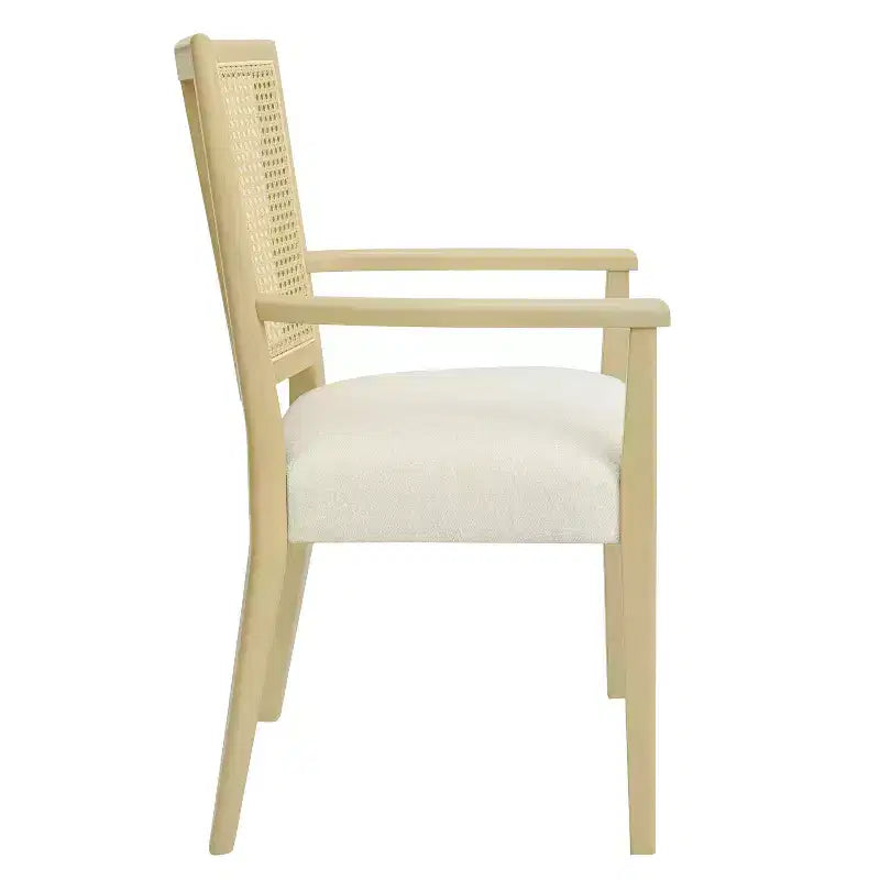 PexFix 2 chaises de salle à manger modernes en tissu rembourré avec accoudoirs, dossier en rotin, chaises d'appoint pour cuisine avec pieds en bois massif, couleur naturelle