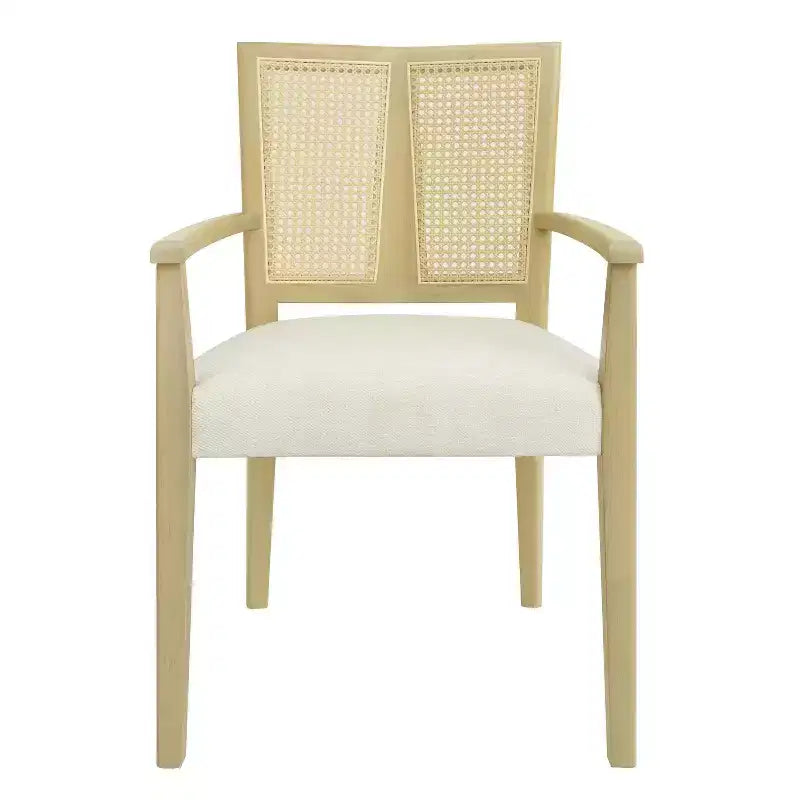 PexFix 2 chaises de salle à manger modernes en tissu rembourré avec accoudoirs, dossier en rotin, chaises d'appoint pour cuisine avec pieds en bois massif, couleur naturelle