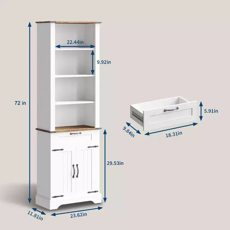 Coolmee Grande bibliothèque de ferme de 72 po, bibliothèque en bois avec armoire de rangement et tiroir, vitrine à 4 niveaux avec porte coulissante et étagère réglable