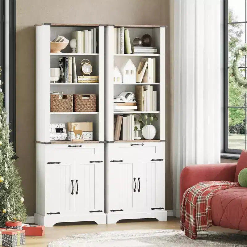 Coolmee Grande bibliothèque de ferme de 72 po, bibliothèque en bois avec armoire de rangement et tiroir, vitrine à 4 niveaux avec porte coulissante et étagère réglable