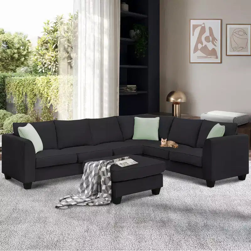 Canapé d'angle modulable moderne 7 places en L avec pouf et 3 coussins, 284x221cm