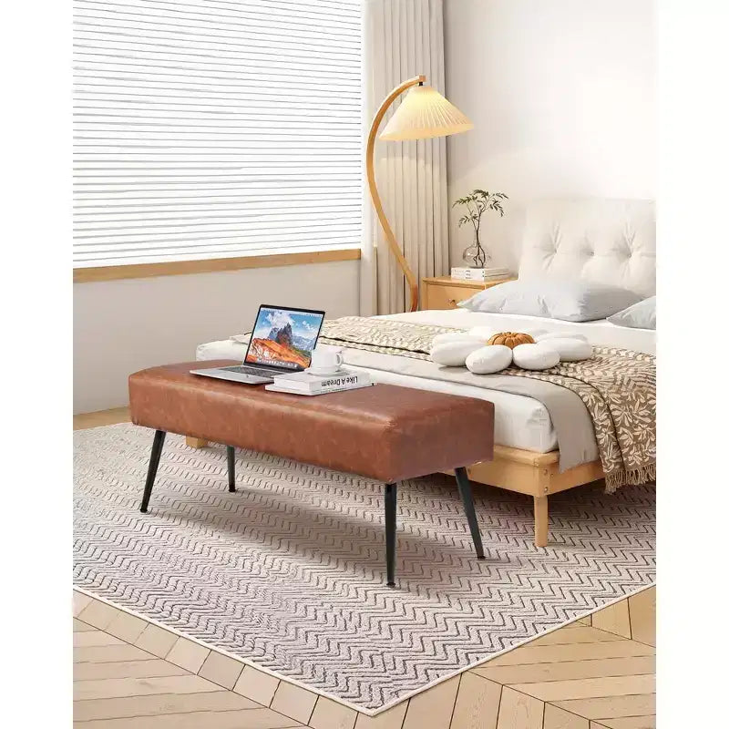 Banc de chambre VEVOR en cuir PU avec pieds en métal et surpiqûres pour entrée, banc à chaussures rembourré, marron