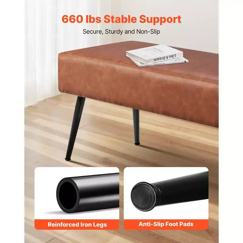 Banc de chambre VEVOR en cuir PU avec pieds en métal et surpiqûres pour entrée, banc à chaussures rembourré, marron