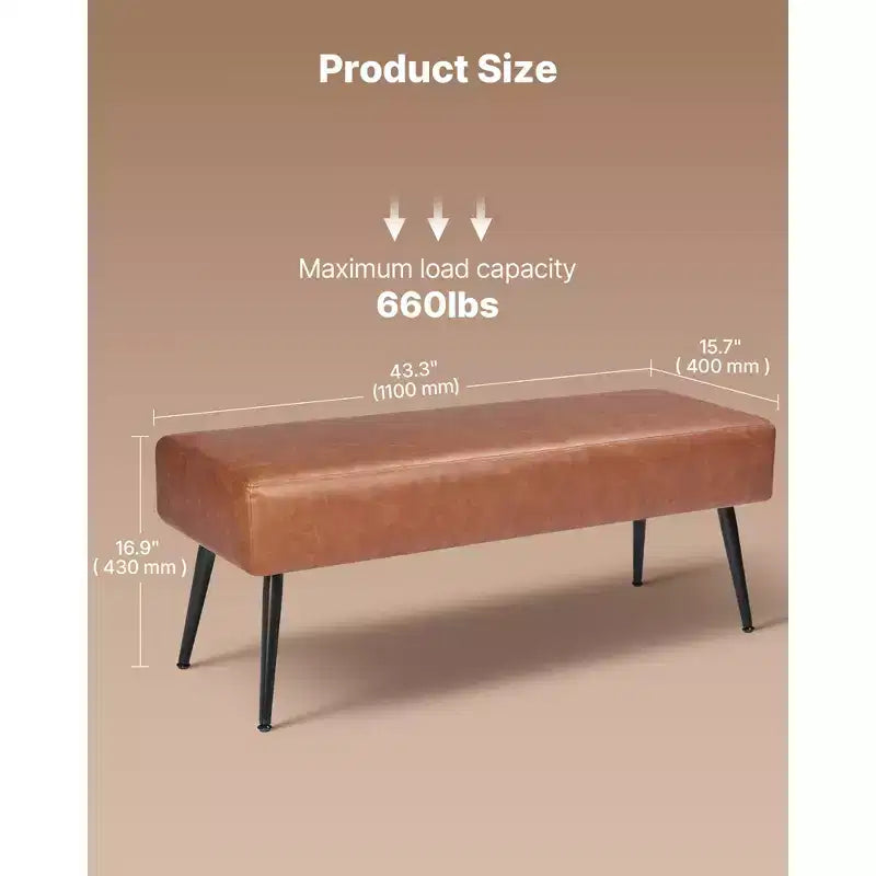 Banc de chambre VEVOR en cuir PU avec pieds en métal et surpiqûres pour entrée, banc à chaussures rembourré, marron