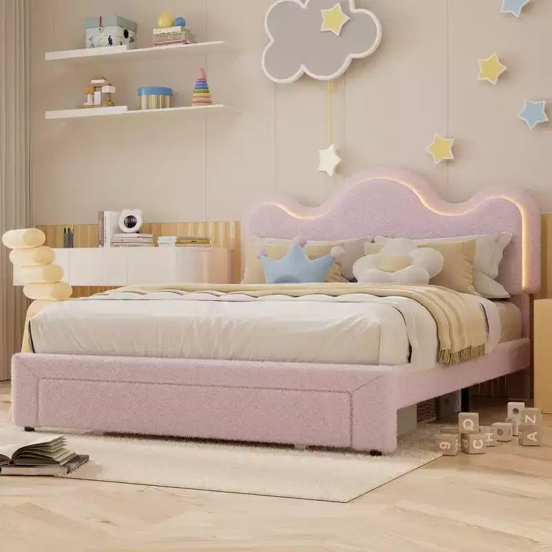 Cadre de lit en boucle avec tête de lit florale, lit de princesse rembourré pour enfants, cadre de lit plateforme LED avec tiroirs, support solide en lattes de bois massif
