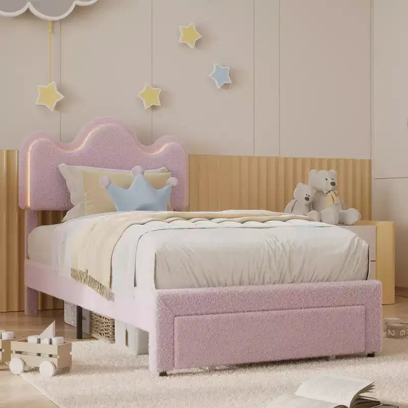 Cadre de lit en boucle avec tête de lit florale, lit de princesse rembourré pour enfants, cadre de lit plateforme LED avec tiroirs, support solide en lattes de bois massif