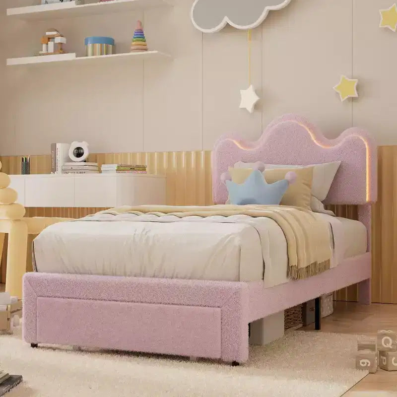 Cadre de lit en boucle avec tête de lit florale, lit de princesse rembourré pour enfants, cadre de lit plateforme LED avec tiroirs, support solide en lattes de bois massif