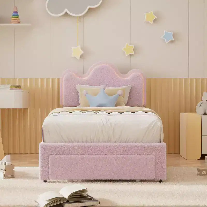 Cadre de lit en boucle avec tête de lit florale, lit de princesse rembourré pour enfants, cadre de lit plateforme LED avec tiroirs, support solide en lattes de bois massif