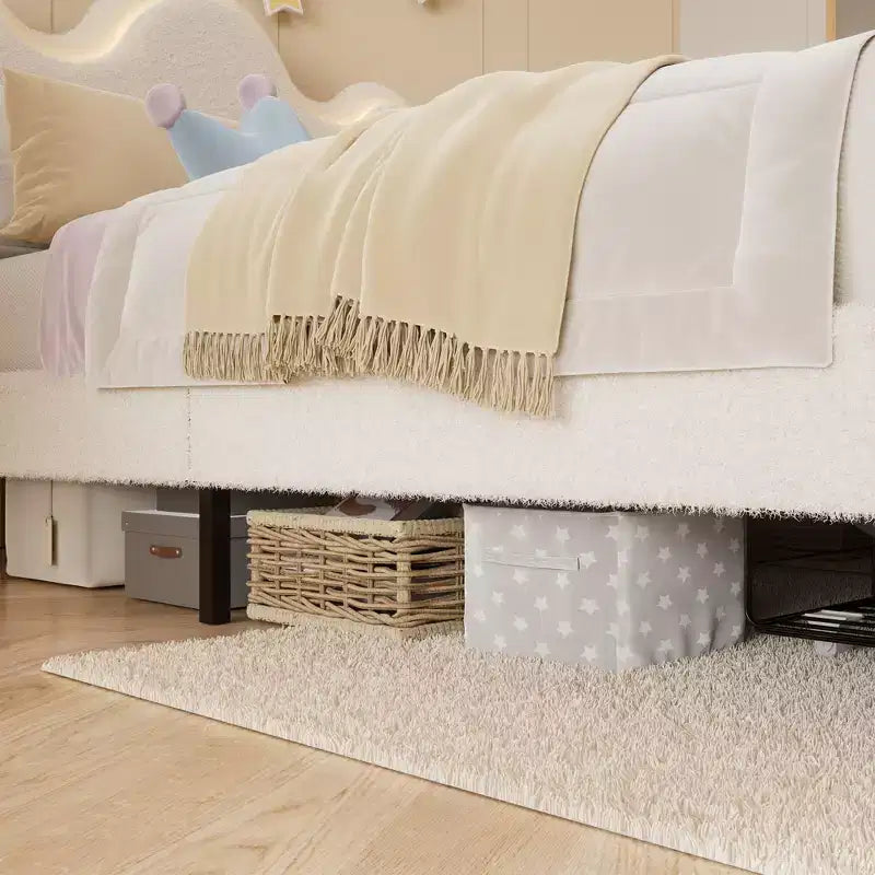 Cadre de lit en boucle avec tête de lit florale, lit de princesse rembourré pour enfants, cadre de lit plateforme LED avec tiroirs, support solide en lattes de bois massif