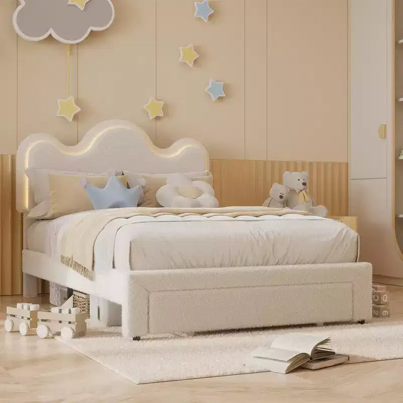 Cadre de lit en boucle avec tête de lit florale, lit de princesse rembourré pour enfants, cadre de lit plateforme LED avec tiroirs, support solide en lattes de bois massif