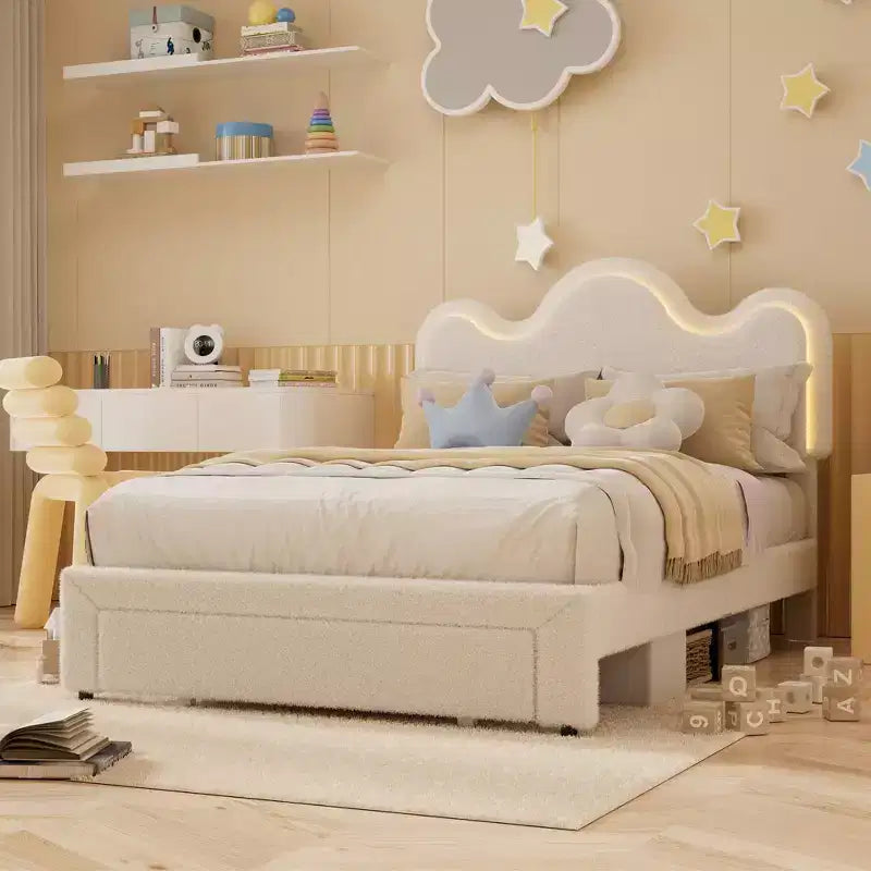 Cadre de lit en boucle avec tête de lit florale, lit de princesse rembourré pour enfants, cadre de lit plateforme LED avec tiroirs, support solide en lattes de bois massif