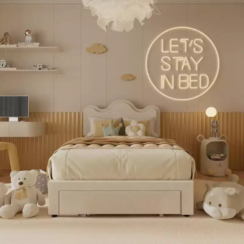 Cadre de lit en boucle avec tête de lit florale, lit de princesse rembourré pour enfants, cadre de lit plateforme LED avec tiroirs, support solide en lattes de bois massif