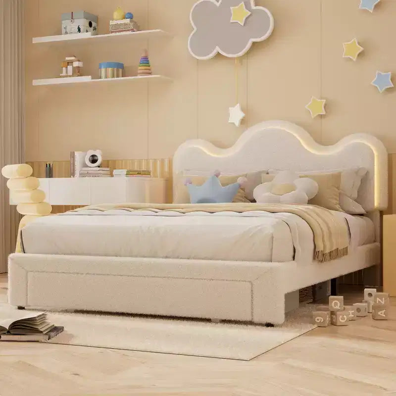 Cadre de lit en boucle avec tête de lit florale, lit de princesse rembourré pour enfants, cadre de lit plateforme LED avec tiroirs, support solide en lattes de bois massif