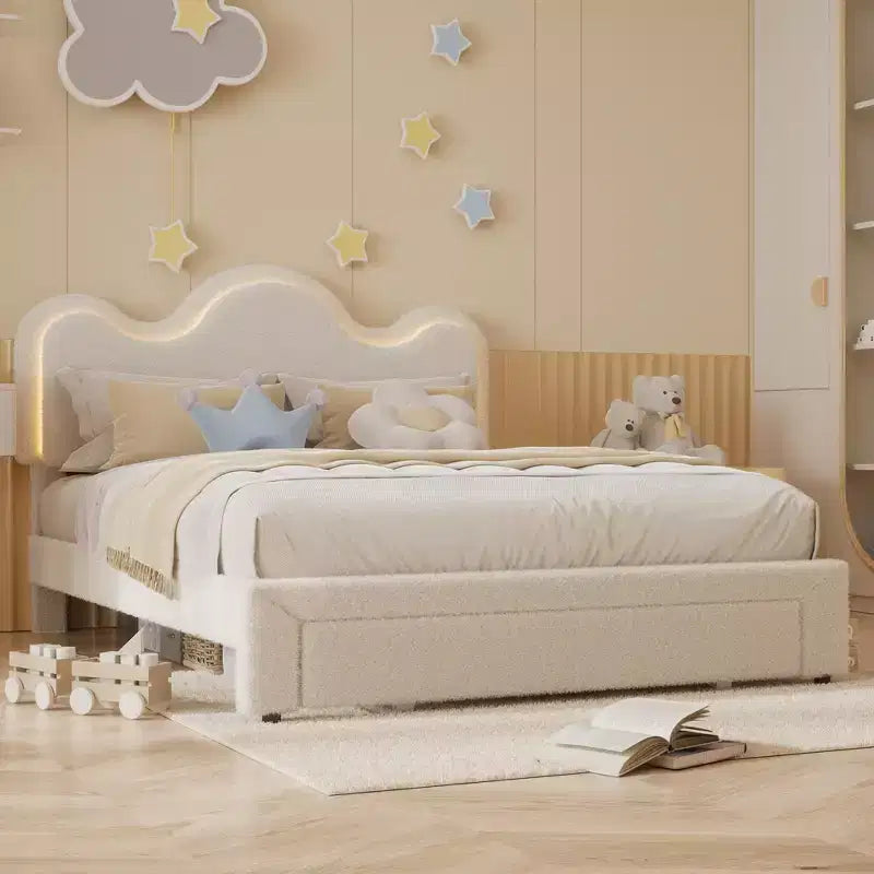 Cadre de lit en boucle avec tête de lit florale, lit de princesse rembourré pour enfants, cadre de lit plateforme LED avec tiroirs, support solide en lattes de bois massif