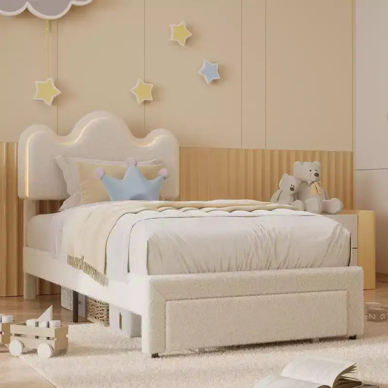 Cadre de lit en boucle avec tête de lit florale, lit de princesse rembourré pour enfants, cadre de lit plateforme LED avec tiroirs, support solide en lattes de bois massif