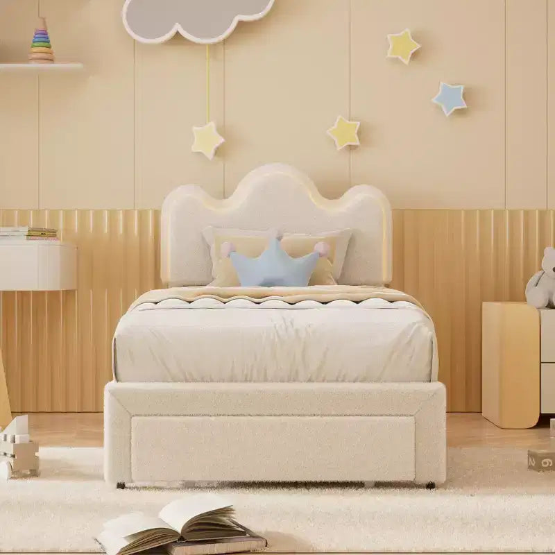 Cadre de lit en boucle avec tête de lit florale, lit de princesse rembourré pour enfants, cadre de lit plateforme LED avec tiroirs, support solide en lattes de bois massif