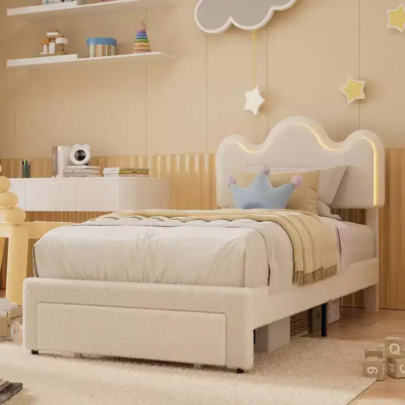 Cadre de lit en boucle avec tête de lit florale, lit de princesse rembourré pour enfants, cadre de lit plateforme LED avec tiroirs, support solide en lattes de bois massif