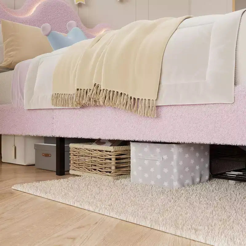 Cadre de lit en boucle avec tête de lit florale, lit de princesse rembourré pour enfants, cadre de lit plateforme LED avec tiroirs, support solide en lattes de bois massif
