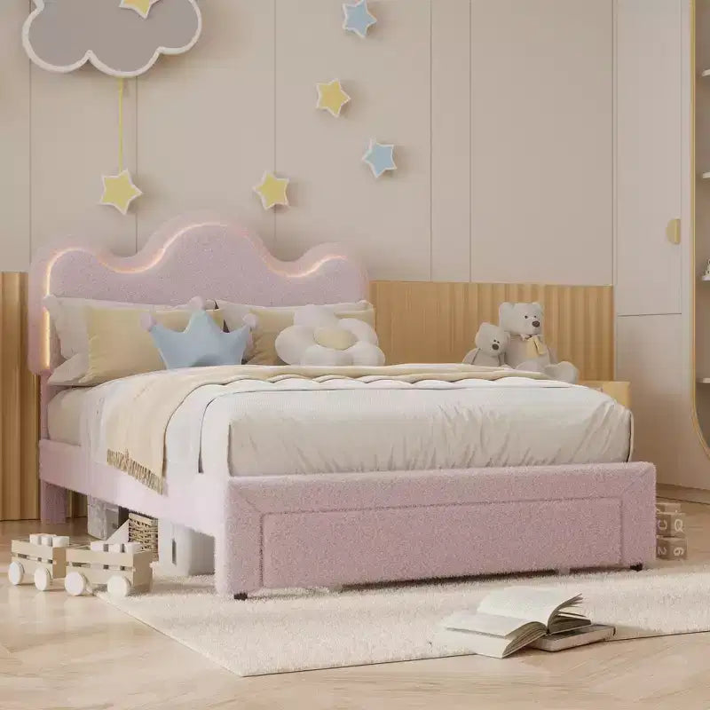 Cadre de lit en boucle avec tête de lit florale, lit de princesse rembourré pour enfants, cadre de lit plateforme LED avec tiroirs, support solide en lattes de bois massif
