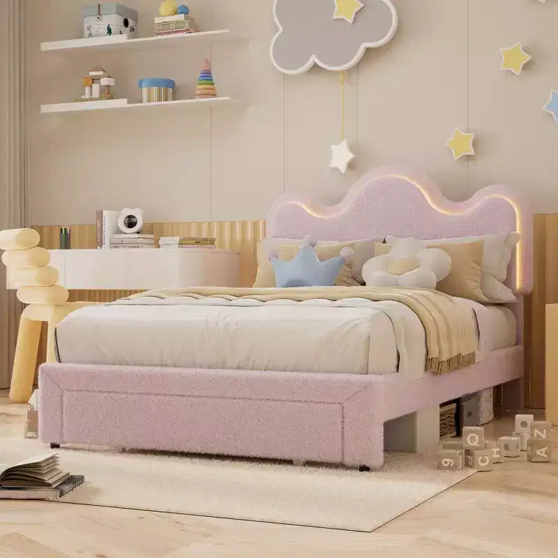 Cadre de lit en boucle avec tête de lit florale, lit de princesse rembourré pour enfants, cadre de lit plateforme LED avec tiroirs, support solide en lattes de bois massif