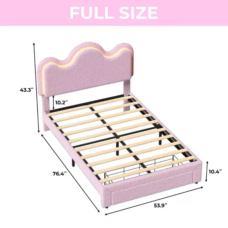 Cadre de lit en boucle avec tête de lit florale, lit de princesse rembourré pour enfants, cadre de lit plateforme LED avec tiroirs, support solide en lattes de bois massif