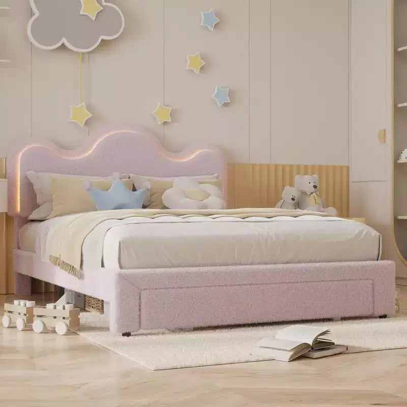 Cadre de lit en boucle avec tête de lit florale, lit de princesse rembourré pour enfants, cadre de lit plateforme LED avec tiroirs, support solide en lattes de bois massif