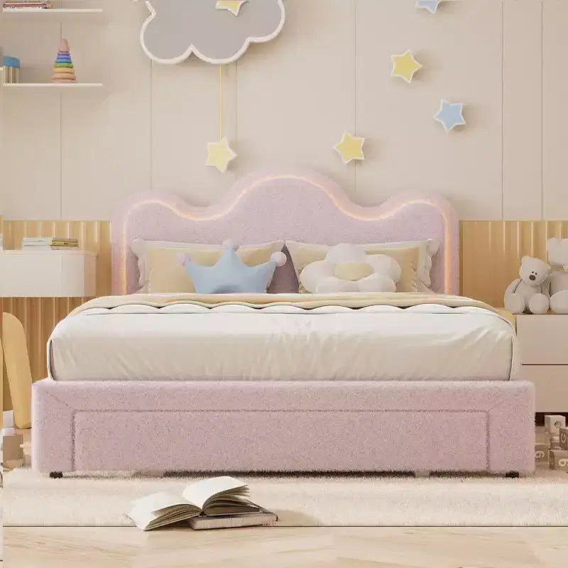 Cadre de lit en boucle avec tête de lit florale, lit de princesse rembourré pour enfants, cadre de lit plateforme LED avec tiroirs, support solide en lattes de bois massif