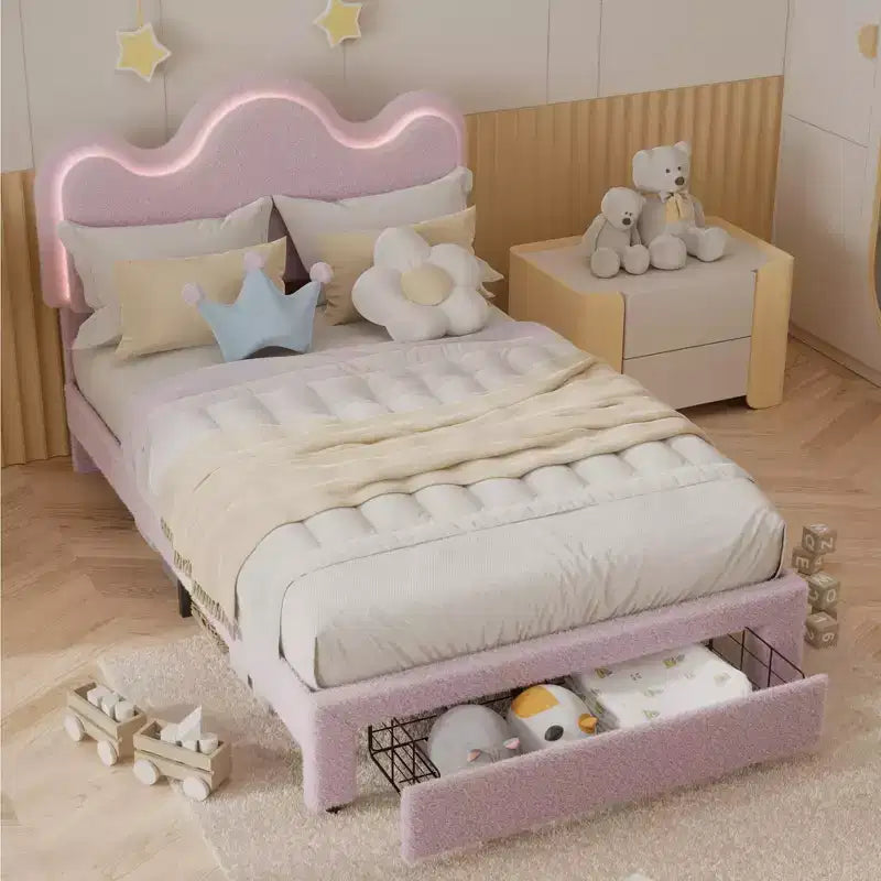 Cadre de lit en boucle avec tête de lit florale, lit de princesse rembourré pour enfants, cadre de lit plateforme LED avec tiroirs, support solide en lattes de bois massif