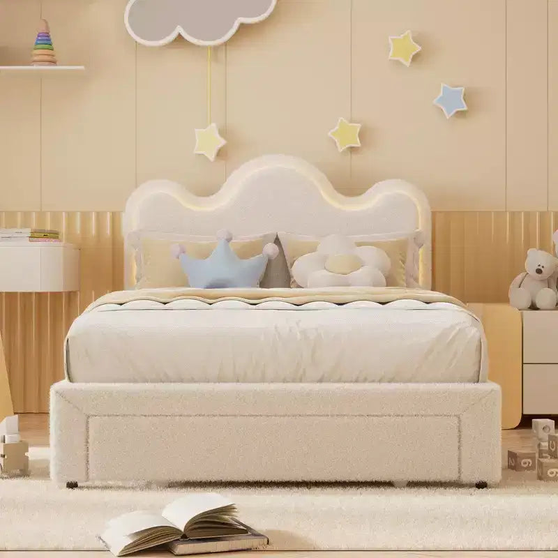 Cadre de lit en boucle avec tête de lit florale, lit de princesse rembourré pour enfants, cadre de lit plateforme LED avec tiroirs, support solide en lattes de bois massif