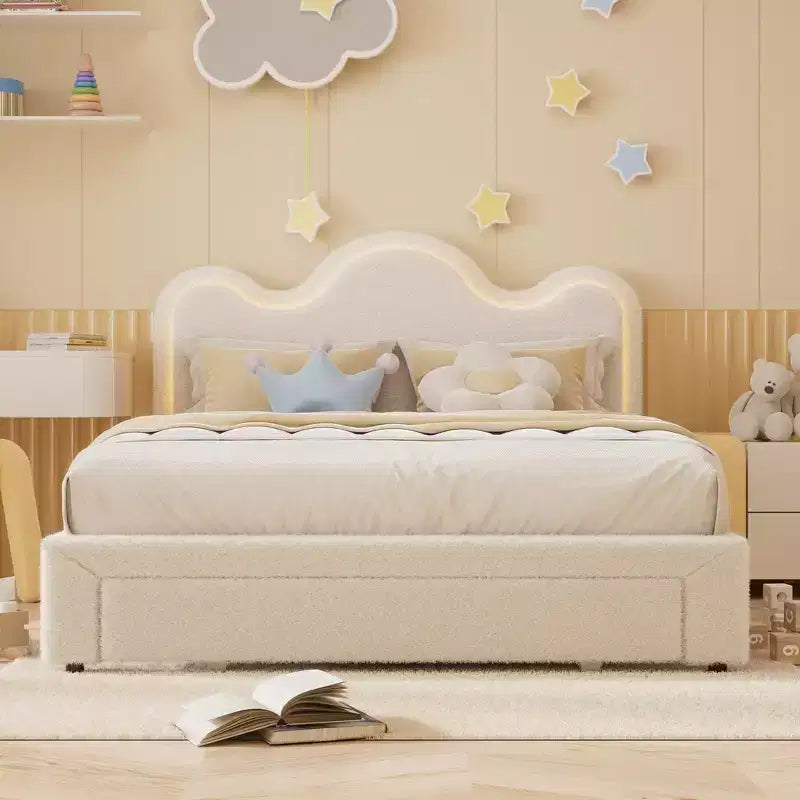 Cadre de lit en boucle avec tête de lit florale, lit de princesse rembourré pour enfants, cadre de lit plateforme LED avec tiroirs, support solide en lattes de bois massif