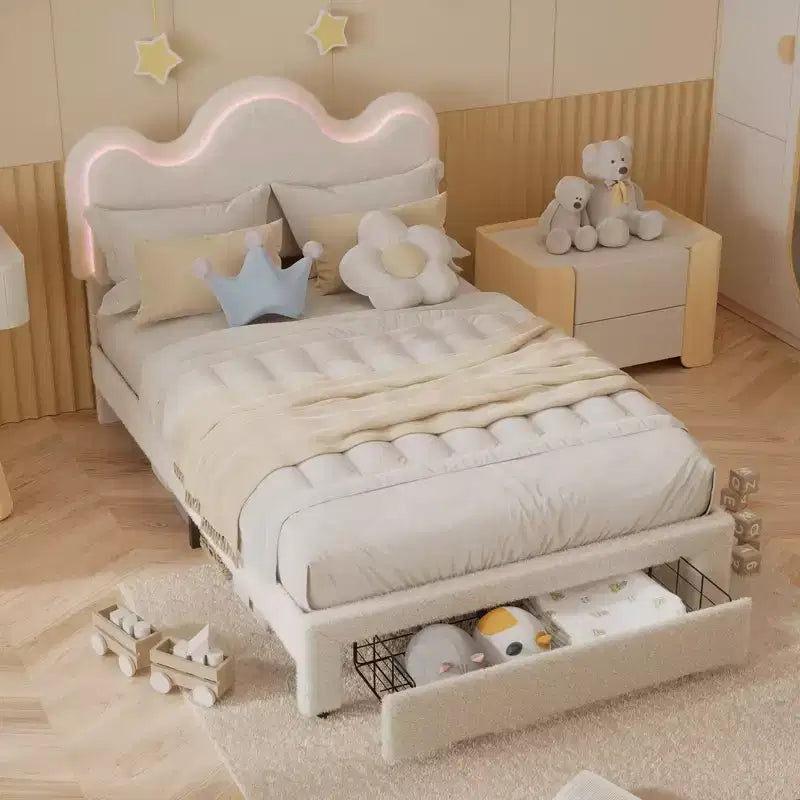 Cadre de lit en boucle avec tête de lit florale, lit de princesse rembourré pour enfants, cadre de lit plateforme LED avec tiroirs, support solide en lattes de bois massif